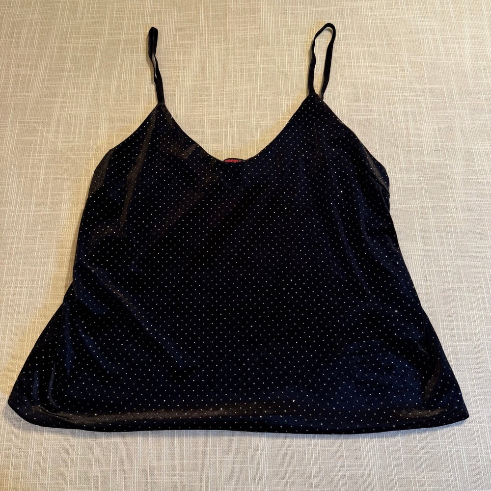 Rock and Roll Denim Womens XL Black Velvet Glitter Polka Dot Camisole V-Neck Top